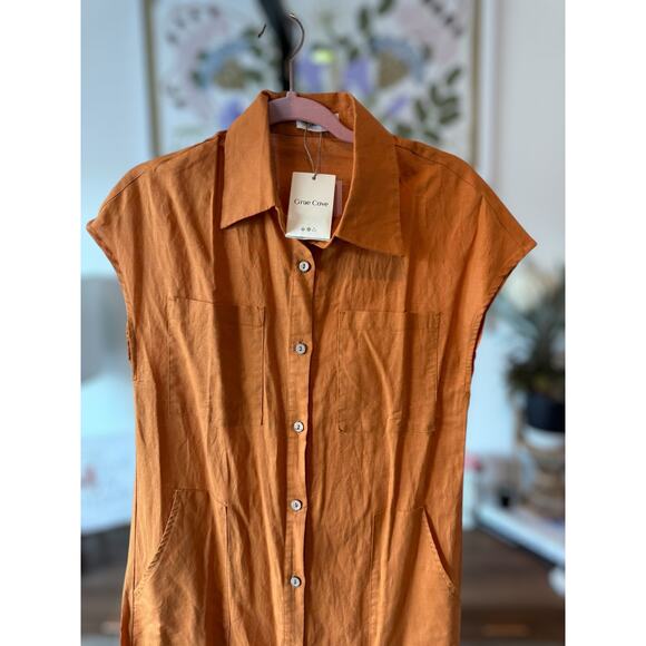 Grae Cove Blair Linen Button-Front Cap Sleeve Maxi Dress Orange Womens Sze Small - Picture 6 of 11